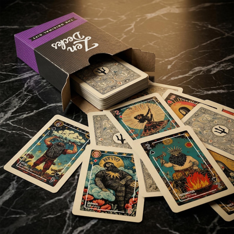 Puede incluir: Una baraja de cartas "Zen Decks" con una caja morada y marr&oacute;n. Las cartas est&aacute;n dispersas, mostrando ilustraciones de figuras mitol&oacute;gicas. La caja dice "The Original Gift". Las cartas presentan ilustraciones y el texto "Atlas", "Hypnos" y "Hephaestus".