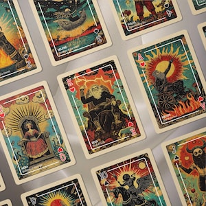 Puede incluir: Una baraja de cartas con ilustraciones de estilo vintage de dioses griegos y figuras mitol&oacute;gicas. Cada carta presenta un dise&ntilde;o &uacute;nico con colores vibrantes y detalles intrincados, incluyendo el texto "ZEUS King of Gods".