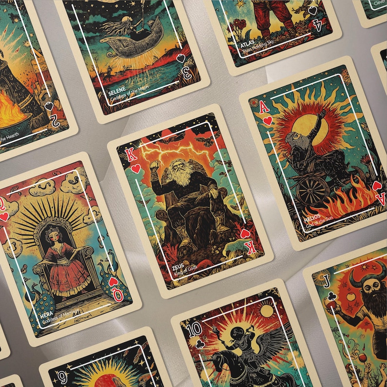 Puede incluir: Una baraja de cartas con ilustraciones de estilo vintage de dioses griegos y figuras mitol&oacute;gicas. Cada carta presenta un dise&ntilde;o &uacute;nico con colores vibrantes y detalles intrincados, incluyendo el texto "ZEUS King of Gods".
