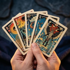 Puede incluir: Una mano sosteniendo un abanico de cartas de juego ilustradas. Las cartas presentan ilustraciones &uacute;nicas con una est&eacute;tica vintage, incluyendo im&aacute;genes de un sol, nubes y una figura alada etiquetada como "Joker".