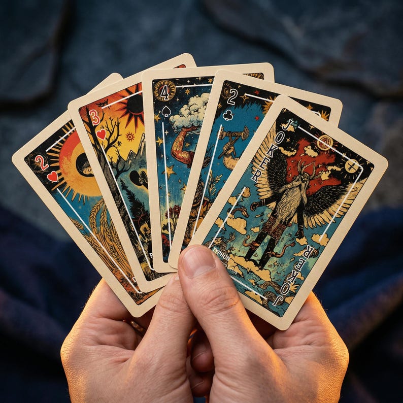 Puede incluir: Una mano sosteniendo un abanico de cartas de juego ilustradas. Las cartas presentan ilustraciones &uacute;nicas con una est&eacute;tica vintage, incluyendo im&aacute;genes de un sol, nubes y una figura alada etiquetada como "Joker".