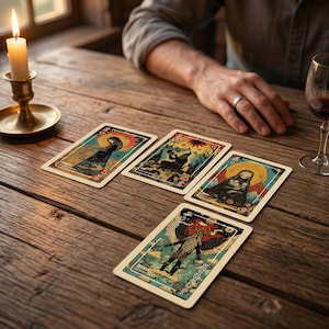 Puede incluir: Un conjunto de cartas de tarot con ilustraciones coloridas, incluyendo figuras aladas y una mujer sosteniendo un beb&eacute;. Las cartas est&aacute;n dispuestas sobre una mesa de madera r&uacute;stica, con una vela encendida y una copa de vino tinto.