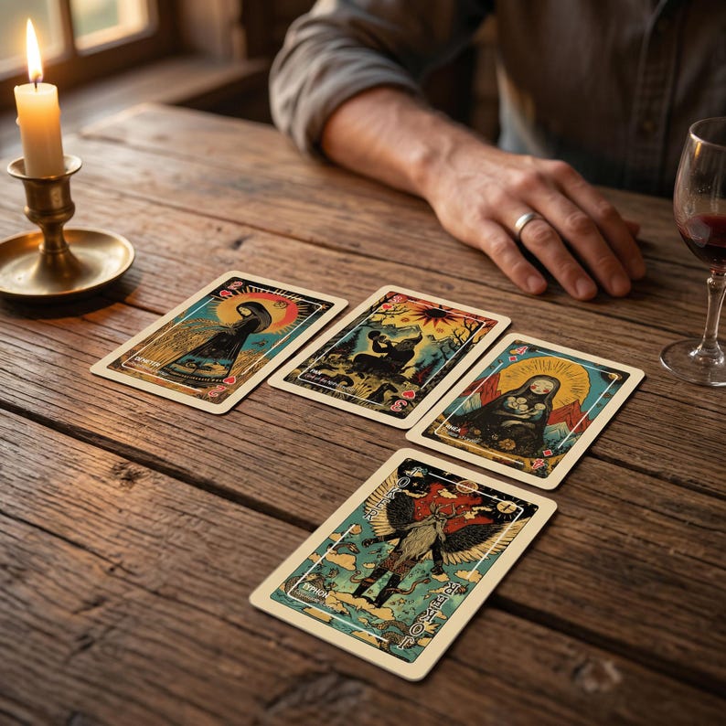 Puede incluir: Un conjunto de cartas de tarot con ilustraciones coloridas, incluyendo figuras aladas y una mujer sosteniendo un beb&eacute;. Las cartas est&aacute;n dispuestas sobre una mesa de madera r&uacute;stica, con una vela encendida y una copa de vino tinto.