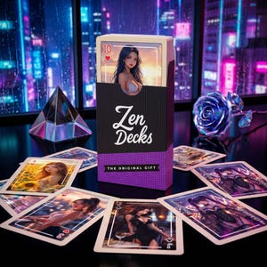 May include: A deck of playing cards in a black and purple box labeled Zen Decks The Original Gift, featuring anime-style character illustrations on the cards. The box displays a 10 of hearts card with a portrait of a person with long dark hair.