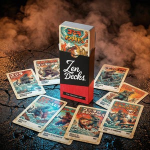 May include: A deck of vintage-style cards featuring Godzilla and other monsters. The cards are in a box labeled "Zen Decks" with the text "The Original Gift." The cards have Japanese text and colorful illustrations.