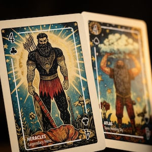 Puede incluir: Dos cartas de juego con ilustraciones de figuras barbadas. Una carta muestra a un hombre musculoso con arco y flechas, etiquetado como "HERACLES Legendary Hero". La otra carta representa a un hombre sosteniendo una nube, etiquetado como "ATLAS Torn Holding Sky".