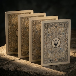 Puede incluir: Cuatro naipes con dorsos crema ornamentados. Cada carta presenta un dise&ntilde;o detallado con elementos florales y geom&eacute;tricos en tonos marrones y dorados. Un s&iacute;mbolo de tridente negro est&aacute; centrado en una carta. Las cartas est&aacute;n dispuestas en fila.