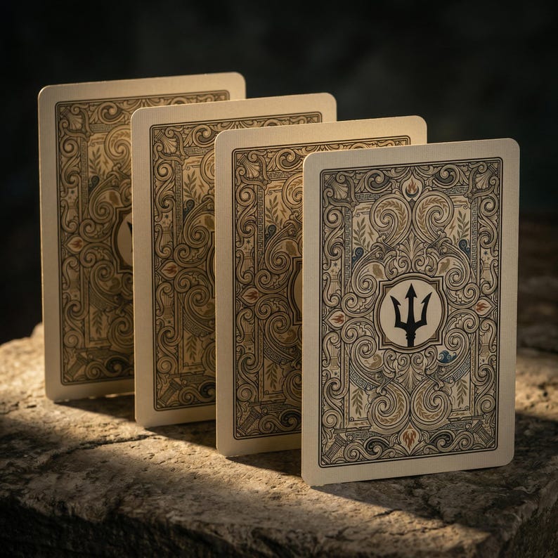 Puede incluir: Cuatro naipes con dorsos crema ornamentados. Cada carta presenta un dise&ntilde;o detallado con elementos florales y geom&eacute;tricos en tonos marrones y dorados. Un s&iacute;mbolo de tridente negro est&aacute; centrado en una carta. Las cartas est&aacute;n dispuestas en fila.