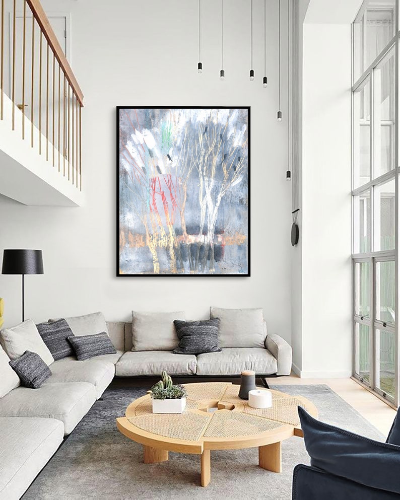birds on a tree art abstract decor bedroom decor early spring art living room decor kitchen wall art prints. Gray abstract painting