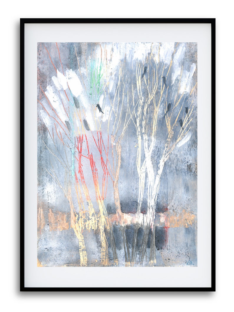birds on a tree art abstract decor bedroom decor early spring art living room decor kitchen wall art prints. Gray abstract painting