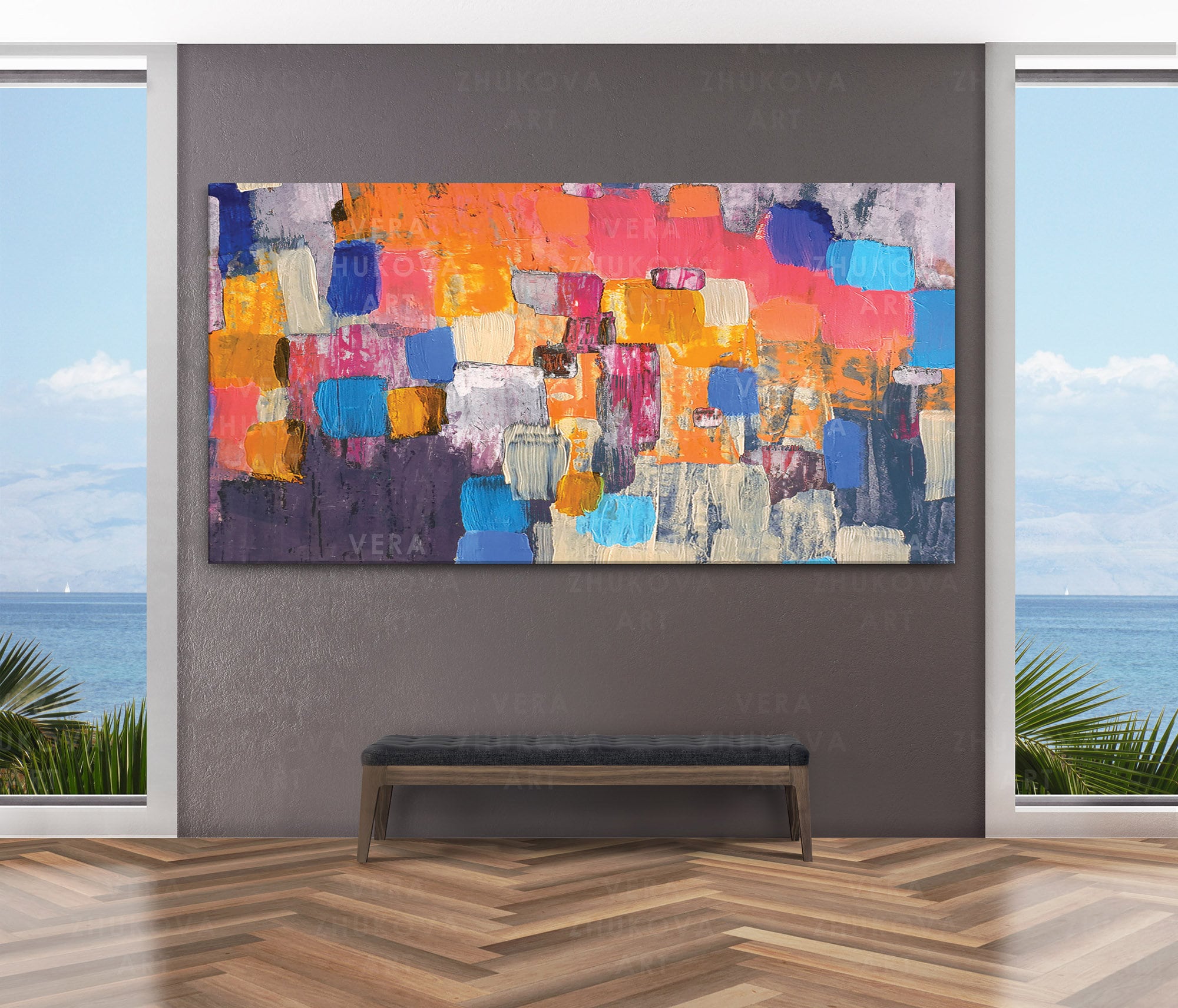 Long wall art Extra large wall art canvas Blue colorful wall Etsy