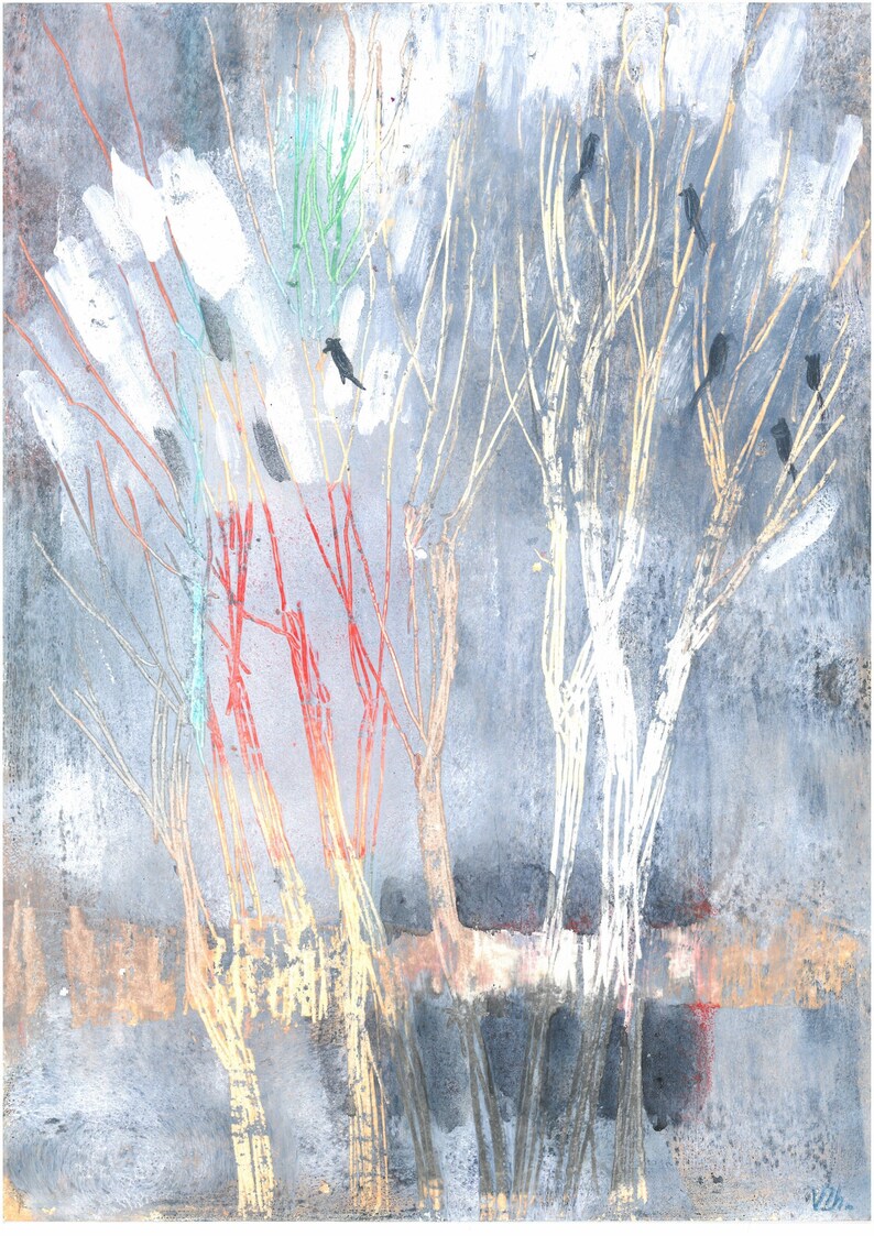 birds on a tree art abstract decor bedroom decor early spring art living room decor kitchen wall art prints. Gray abstract painting