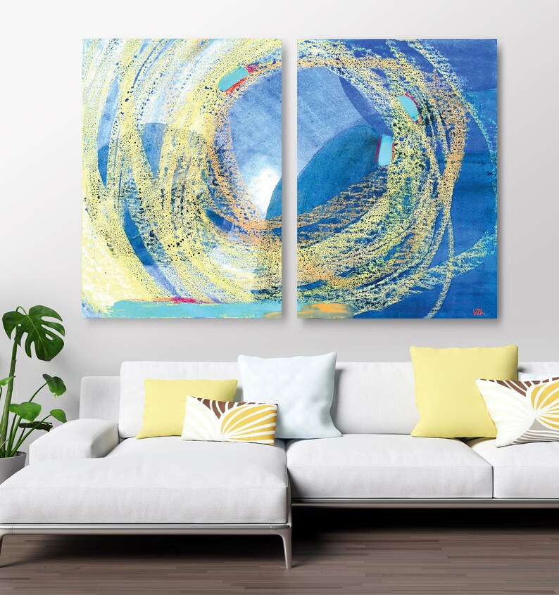 Set of 2 prints Blue oversized wall art Watercolor paintings Large blue print Large Abstract poster Extra large wall art Large printable art