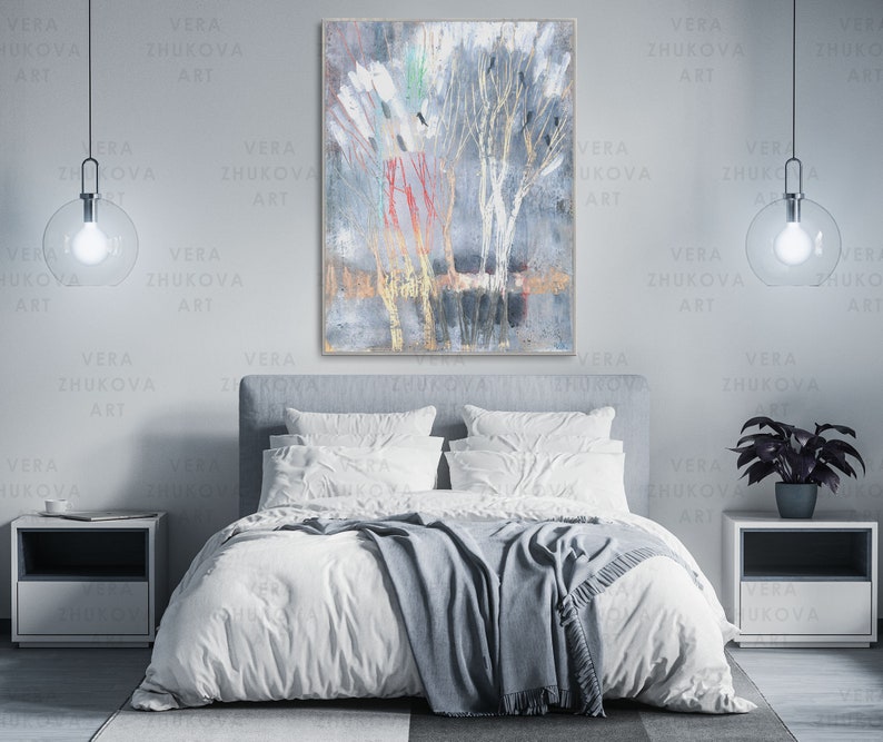 birds on a tree art abstract decor bedroom decor early spring art living room decor kitchen wall art prints. Gray abstract painting