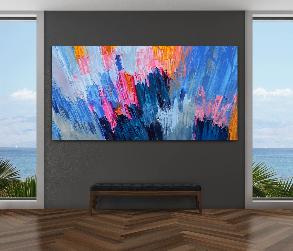 Extra large wall art canvas Long wall art Blue colorful wall Etsy