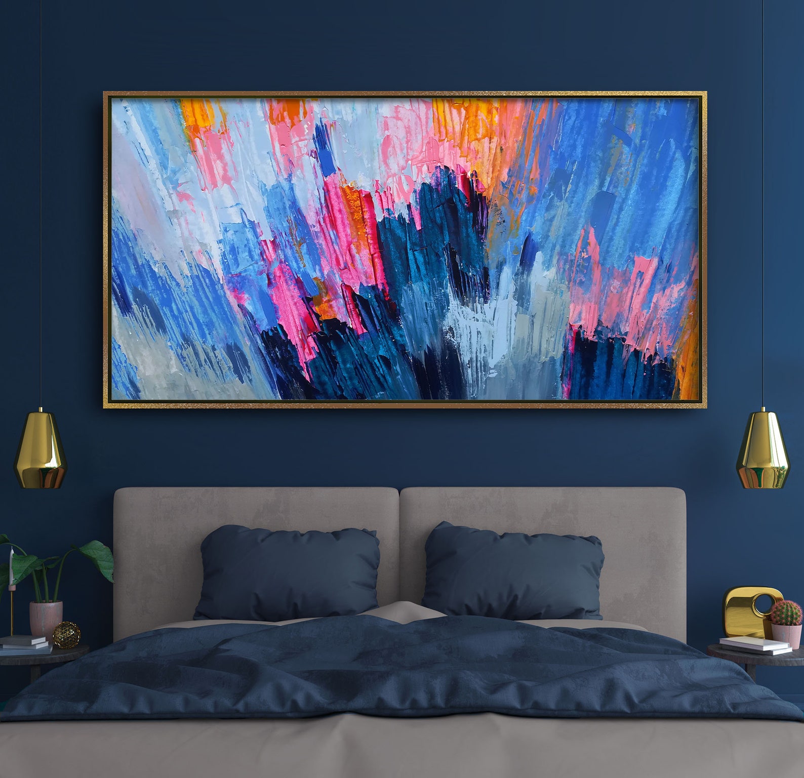 Extra large wall art canvas Long wall art Blue colorful wall Etsy