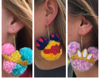 Disney Princess Inspired Pom Pom Earrings, Disney Princess Inspired Earrings, Disney Earrings, Mouse Head Earrings, Pom Pom Earrings