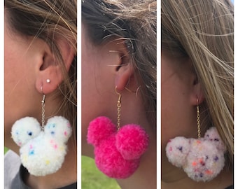 Disney Pom Pom Earrings, Mickey Mouse Inspired Pom Pom Earrings, Disney Earrings, Mouse Head Earrings, Pom Pom Earrings