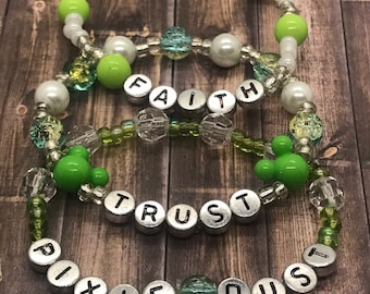 Disney Peter Pan Inspired Bracelet Stack, Tinkerbell Bracelet Stack, Disney Beaded Bracelet, Disney Bracelet, Faith Trust and Pixie Dust