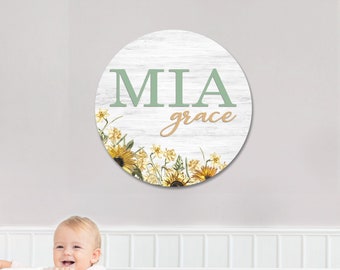 Round Nursery Name Sign with Sunflowers For Nursery, Personalized Wooden Name Sign, Baby Name Sign for Baby Shower Gift, Custom Nursery Sign