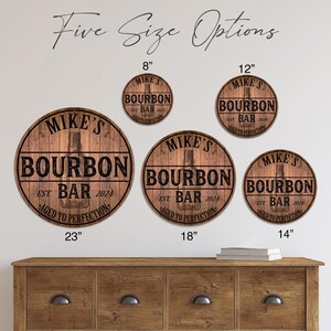 May include: Five round wooden signs with the text "MIKE'S BOURBON BAR" and the year "2024". The signs are in various sizes: 8", 12", 14", 18", and 23", with a bourbon bottle graphic.