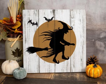 Witch on Broom Birch Wood Halloween Sign