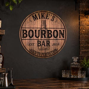 May include: A round wooden sign with the text "MIKE'S BOURBON BAR EST 2024 AGED TO PERFECTION". The sign has a dark brown background with black lettering and a graphic of a bourbon bottle.
