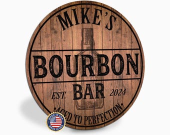 Personalized Bourbon Bar Sign, Custom Round Metal Bar Sign, Aged to Perfection, Home Bar Decor, Bourbon Lover Gift, Made in USA