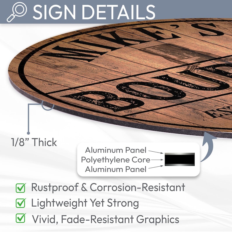 May include: A round wooden sign with the text "MIKE'S BOLD" in black lettering. The sign is 1/8" thick and has a rustic wood grain appearance. The sign is rustproof, corrosion-resistant, lightweight, and has fade-resistant graphics.