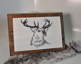 Vintage Stone Art by Alexander Etched Picture of the Head of a Deer