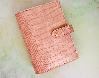 Handmade pink croc binder with 3mm rose gold rings. Pink croc planner ring binder.  Handmade rings planner. Faux leather ring planner