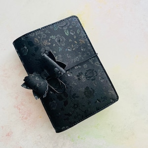 Handmade Black Floral Holographic Faux Leather Planner. Traveler’s Notebook cover. Vegan leather planner cover. Ring planner cover. Planner