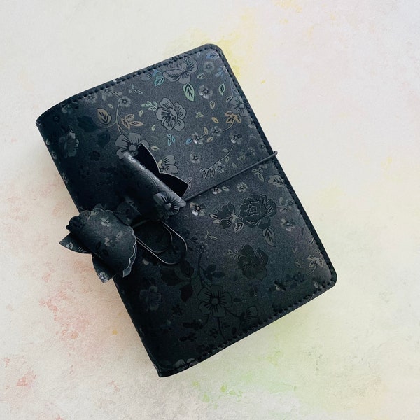 Handmade Black Floral Holographic Faux Leather Planner. Traveler’s Notebook cover. Vegan leather planner cover. Ring planner cover. Planner