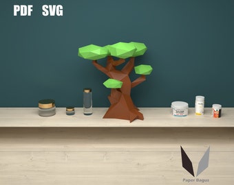 May include: A green origami tree with a brown trunk sits on a wooden shelf with several small glass bottles and jars. The text "PDF SVG" is in the upper left corner of the image. The text "Paper Bagus" is in the lower right corner of the image.