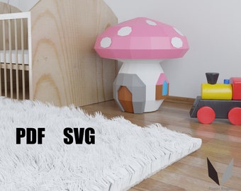 Mushroom House 3D Papercraft: DIY Low Poly Paper Sculpture (PDF Pattern)