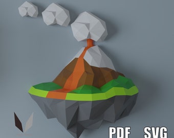 Puede incluir: Un modelo de papel 3D de un volcán en erupción con lava naranja. El volcán está en una isla flotante con hierba verde y una base de roca gris. Hay tres nubes blancas sobre el volcán.