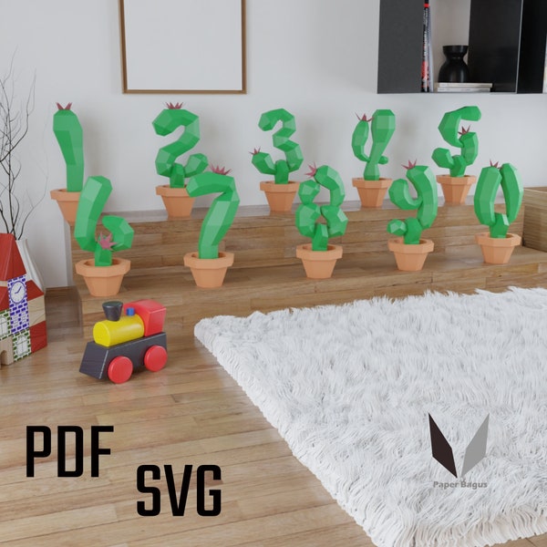 Cactus number 3D papercraft | DIY paper sculpture | Paper model pattern | Do it yourself | Low poly | PDF pattern | origami | home decor