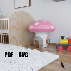 Paddenstoelenhuis 3D papercraft | Zelfgemaakte papieren sculptuur | Papieren modelpatroon | Doe het zelf | Laag poly | PDF-patroon | origami | woondecoratie