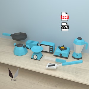 Juego de cocina 3D para manualidades de papel, esculturas de papel DIY, patrón de modelo de papel, patrón de baja poli, patrón PDF, origami, decoración del hogar