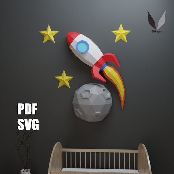 Rocket Moon 3D papercraft | DIY paper sculpture | Paper model pattern | Do it yourself | Low poly | PDF pattern | origami | home decor