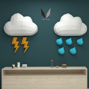 Weather 3D papercraft | DIY paper sculpture | Paper model pattern | Do it yourself | Low poly | Rainy | origami | cloud | lightning