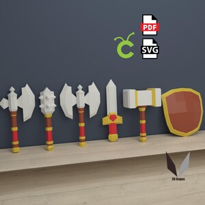 Mittelalterliches Waffen Set aus 3D Bastelbogen | DIY Low Poly Wohnkultur (PDF-Muster)