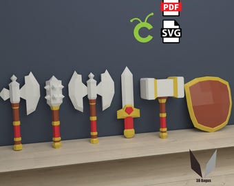 Medieval Weapons 3D Papercraft Bundle | DIY Low Poly Home Decor (PDF Pattern)