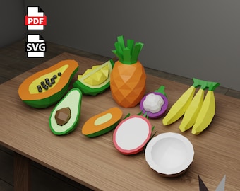Tropical Fruit bundle 3D Papercraft: DIY Low Poly Paper Sculpture (PDF Pattern)