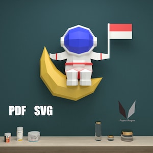 Astronauta sulla luna 3D papercraft / Scultura di carta fai da te / Modello di modello di carta / Fai da te / Low poly / Modello PDF / origami / Decorazione per la casa