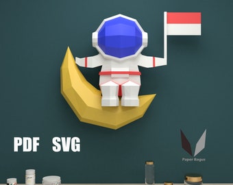 Astronaut on Moon 3D Papercraft: DIY Low Poly Paper Sculpture (PDF Pattern)