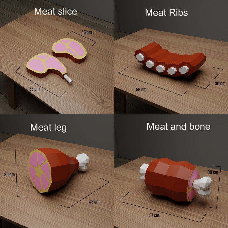 Meat BBQ Bundle Papercraft: Low Poly DIY Paper Sculpture (PDF Pattern ...