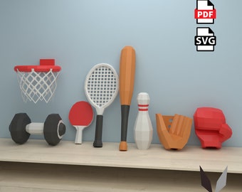 Bundel met sportuitrusting Papercraft: zelfgemaakt laag poly-papiersculptuur (pdf-patroon)