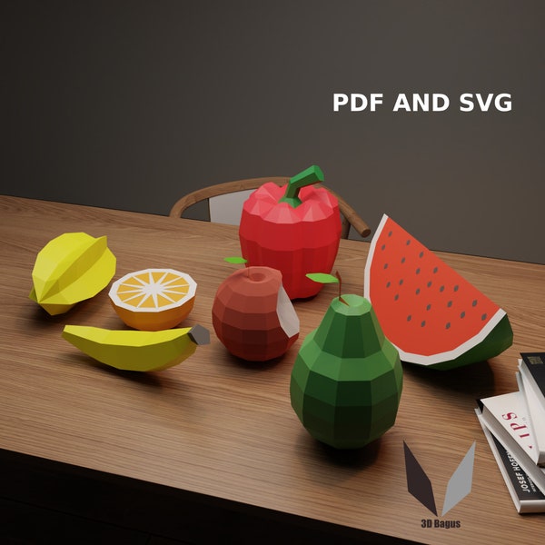 Pack de fruits 3D papercraft | Sculpture en papier bricolage | Modèle en papier | Faites-le vous-même | Poly faible | Patron PDF | origami | fruits