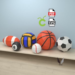 Lot de ballons de sport 3D Papercraft : sculpture en papier low poly à faire soi-même (modèle PDF)